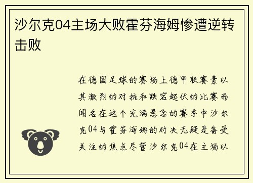 沙尔克04主场大败霍芬海姆惨遭逆转击败