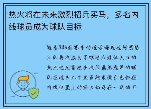 热火将在未来激烈招兵买马，多名内线球员成为球队目标